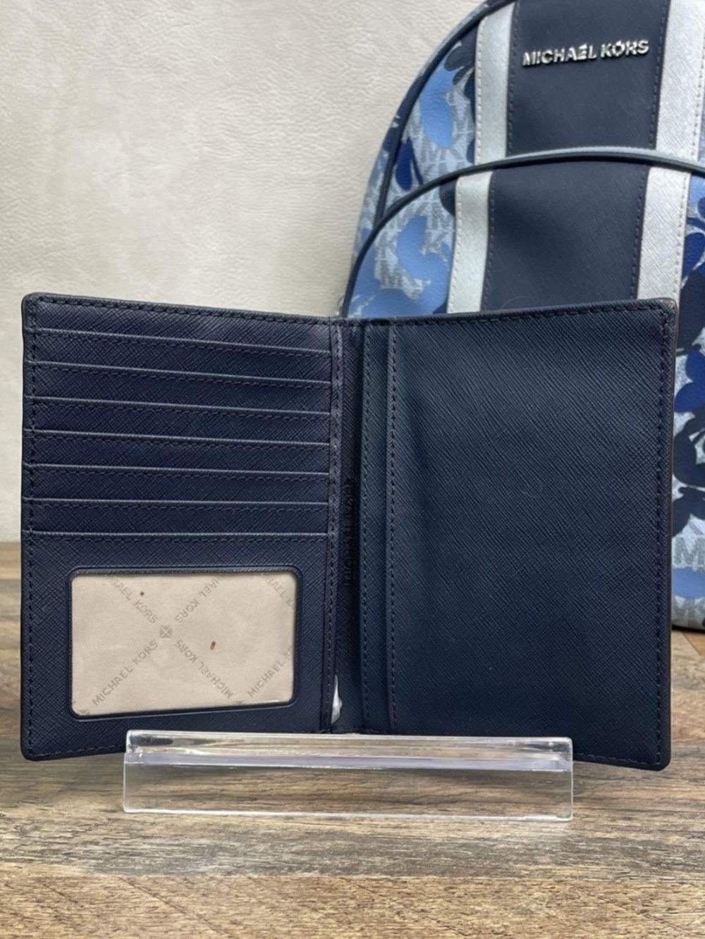 Michael Kors Navy and Light Blue Floral Logo Backpack with Matching Wallet - Picture 3 of 6
